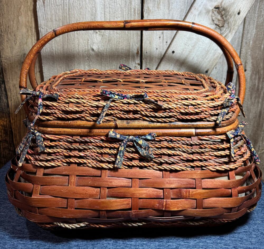 Huge Vintage Picnic Sewing Storage Basket, Hand Woven Jute Rope and Rattan 1970s